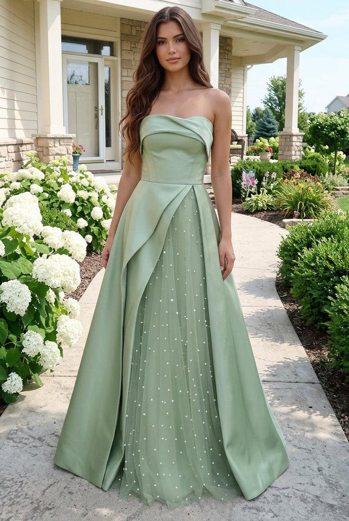 Strapless Satin Ball Gown with Pearl Tulle Split