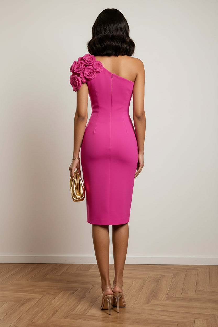 One Shoulder Bodycon Midi Dress with 3D Roses