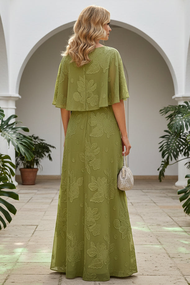Embroidered Capelet Tiered A-Line Gown