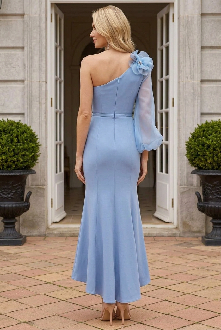 One-Shoulder 3D Floral Midi Dress with Sheer Sleeve