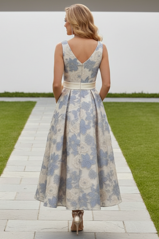 Floral Jacquard A-Line Tea-Length Dress with Bow