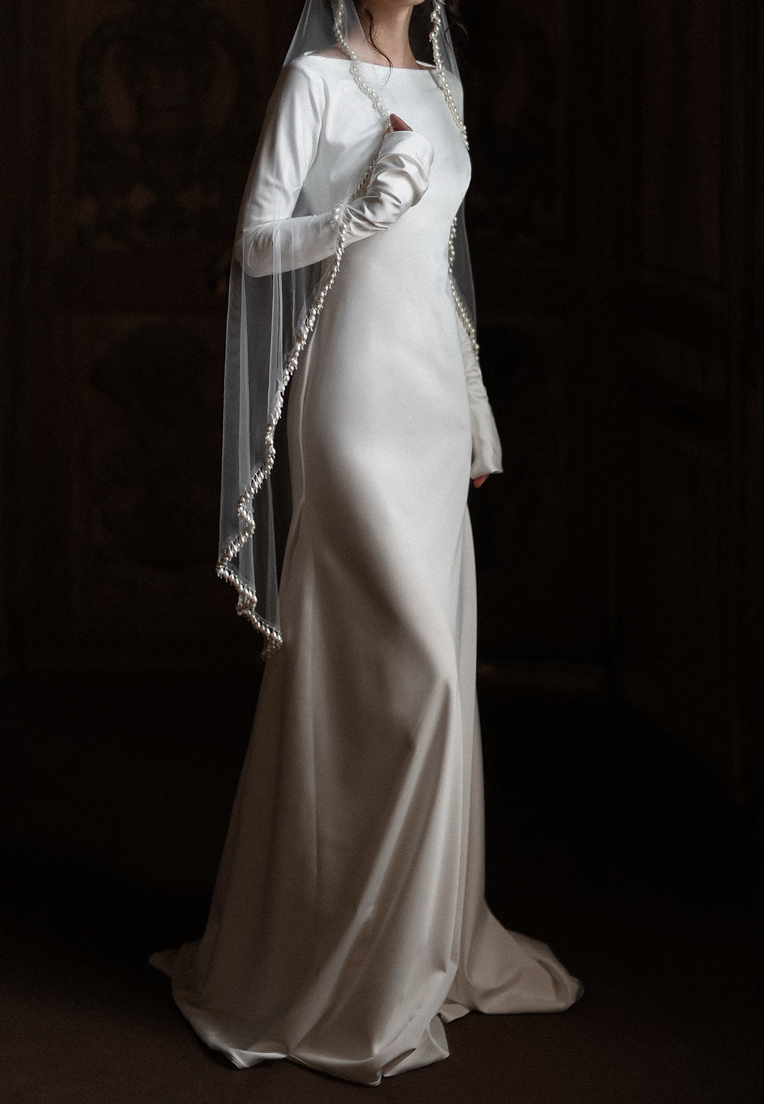 Bateau Long Sleeve Satin Wedding Dress with Train