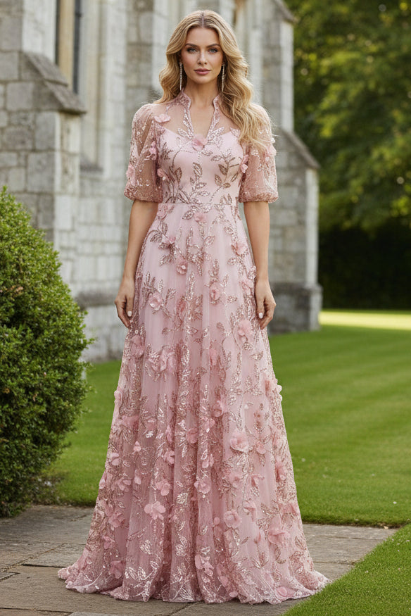 3D Floral Applique Short Sleeve A-Line Gown