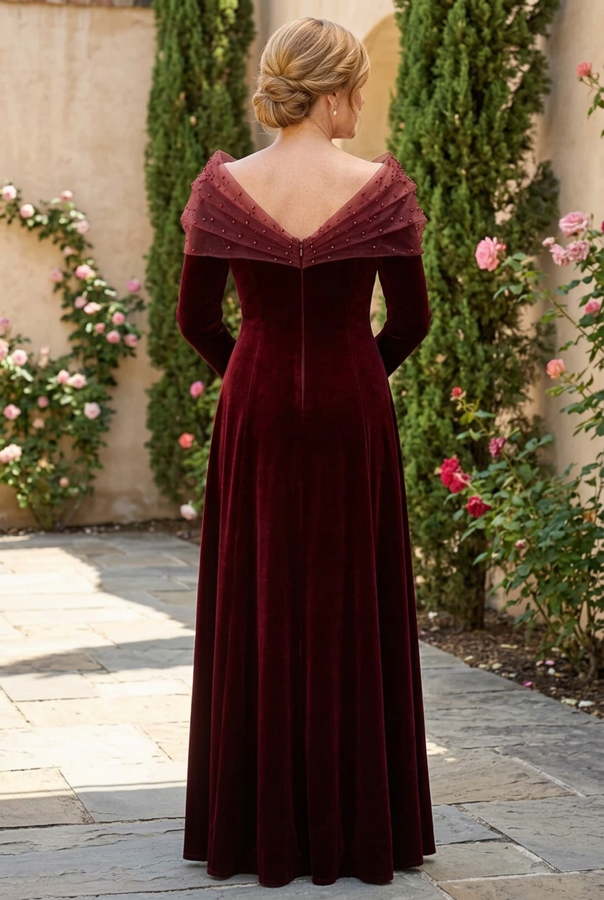 Velvet Long-Sleeve Evening Gown with Beaded Mesh Collar
