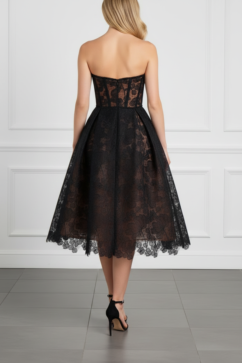 Black Lace Strapless Corset Midi Dress with Full A-Line Skirt