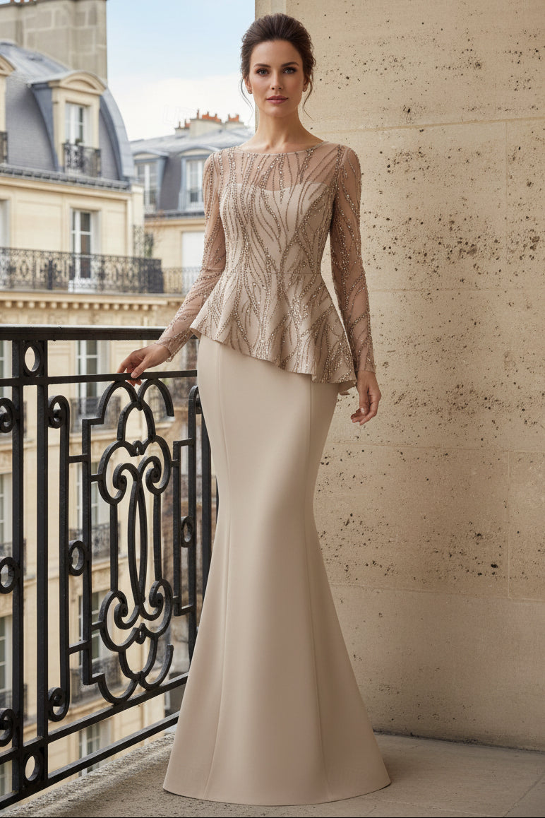 Beaded Peplum Mermaid Evening Gown