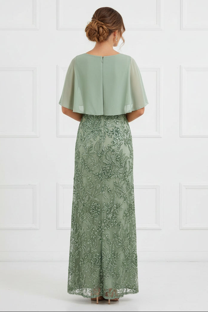 V-Neck Flutter Sleeve Embroidered Evening Dress
