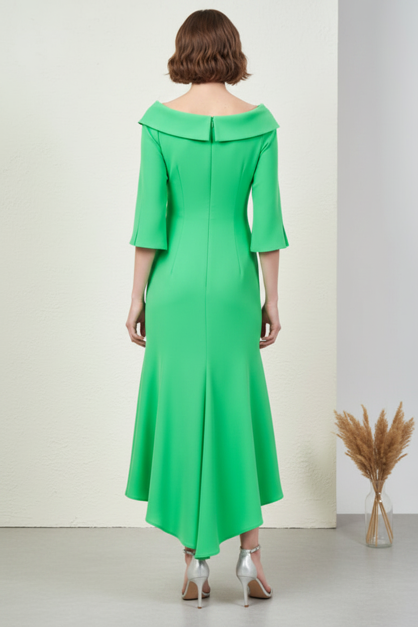 Elegant Off-Shoulder Midi Dress with Crystal Brooch