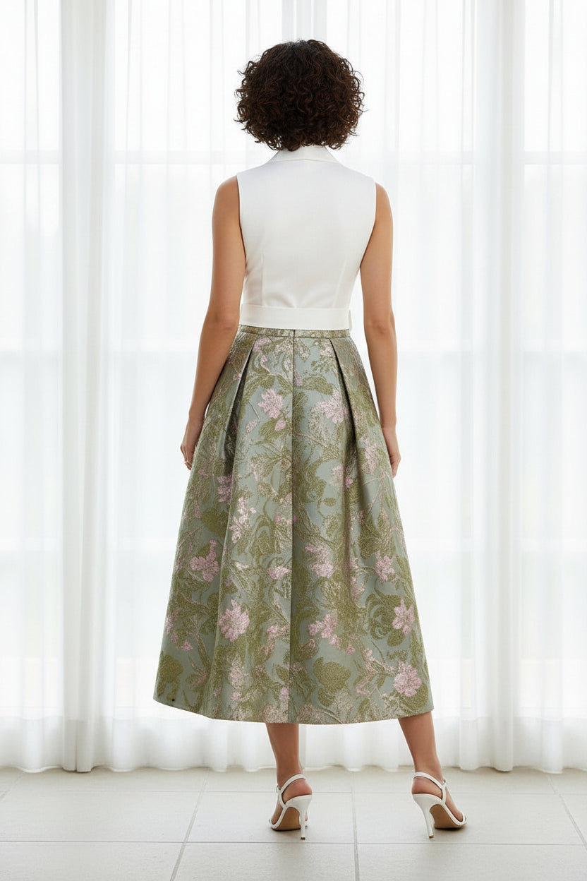 Sleeveless Collar Neck Jacquard A-Line Midi Dress
