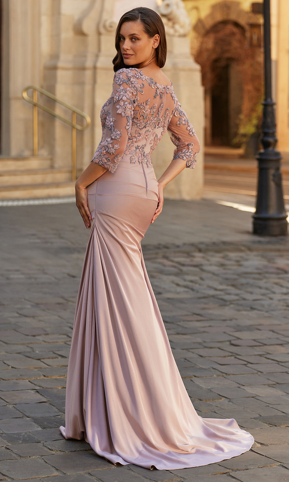 Embroidered 3/4 Sleeve Ruched Mermaid Gown