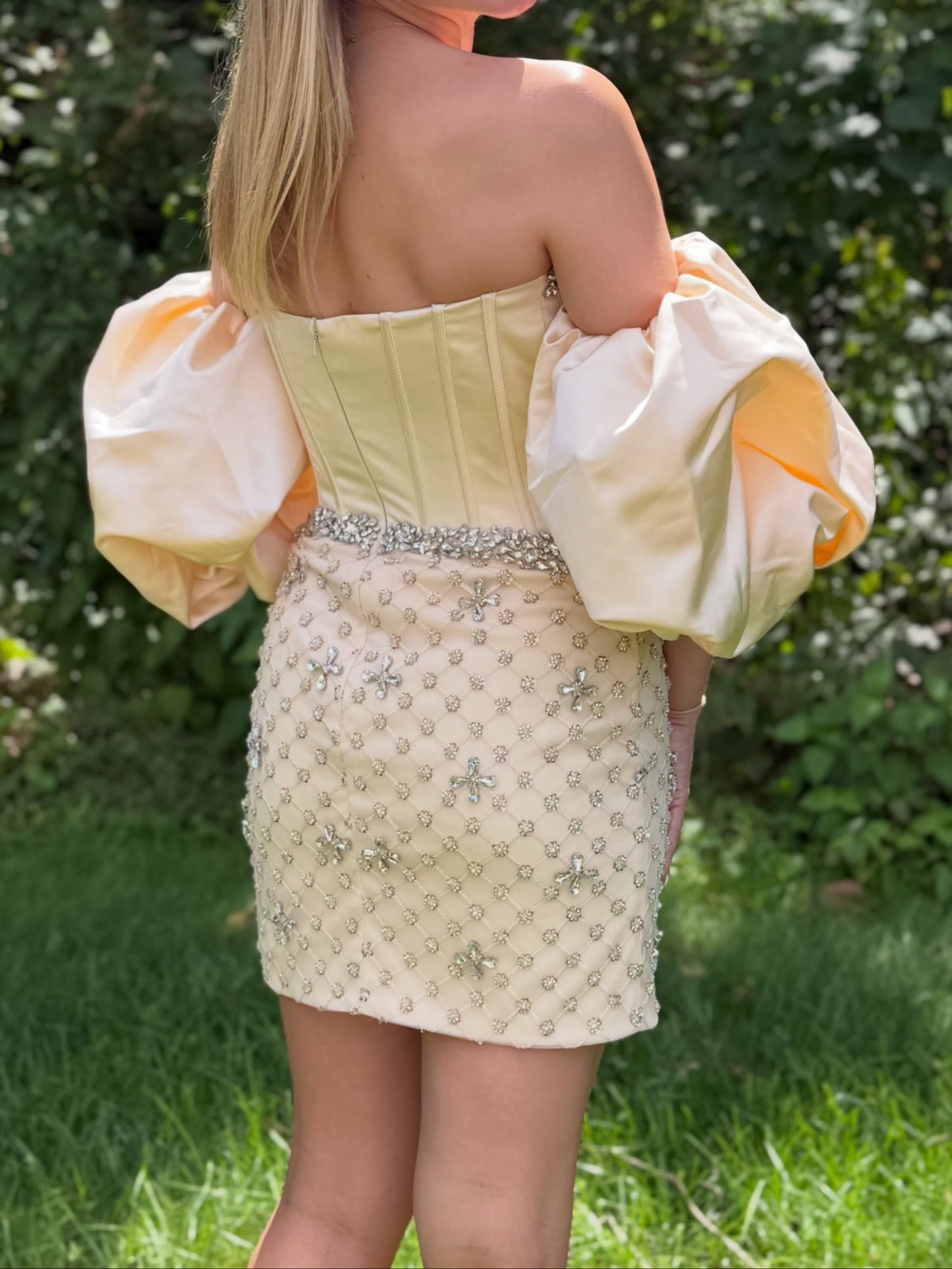 Corset Mini Dress with Puffed Sleeves and Rhinestones