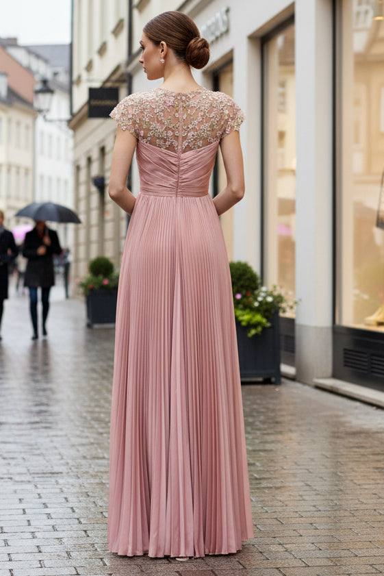 Pleated A-Line Evening Gown with Embroidered Cap Sleeves