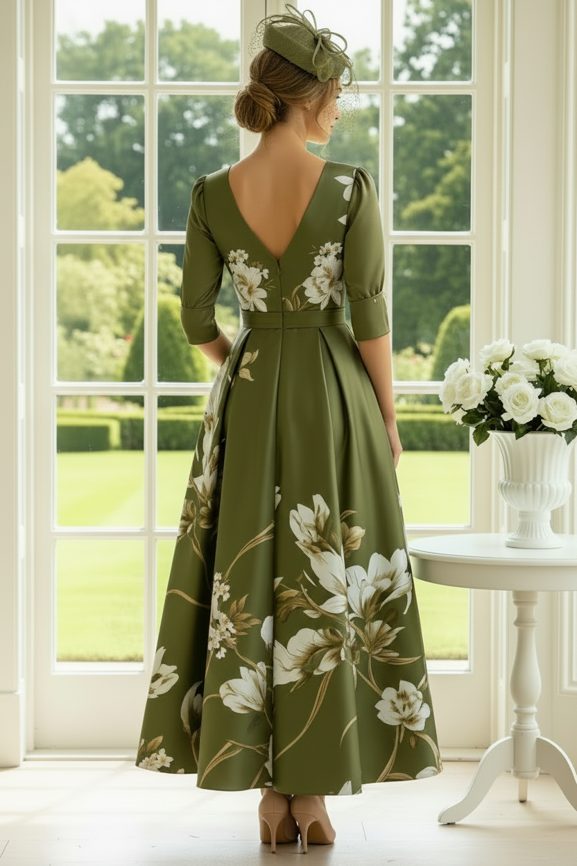 Floral Print V-Neck A-Line Gown with Pockets
