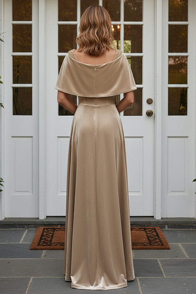 Velvet Capelet Evening Gown with Beaded Straps