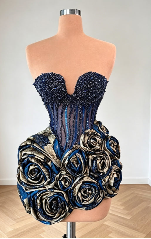 Beaded Corset Mini Dress with 3D Rose Flower Skirt
