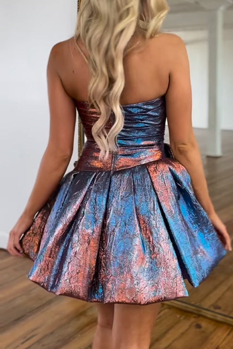 Strapless Bowknot Metallic Pleated Mini Dress