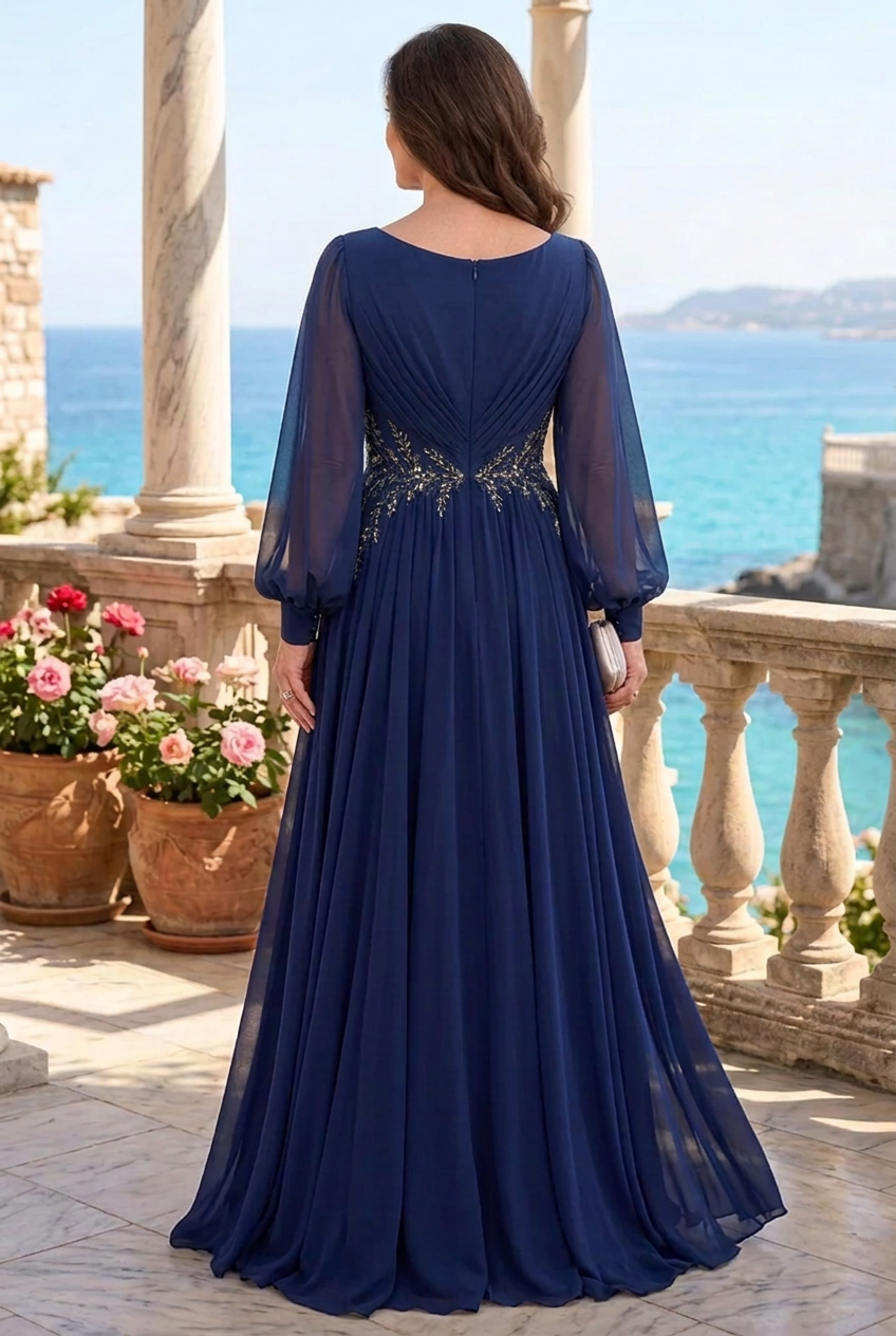 A-Line Gown with Bishop Sleeves and Beading