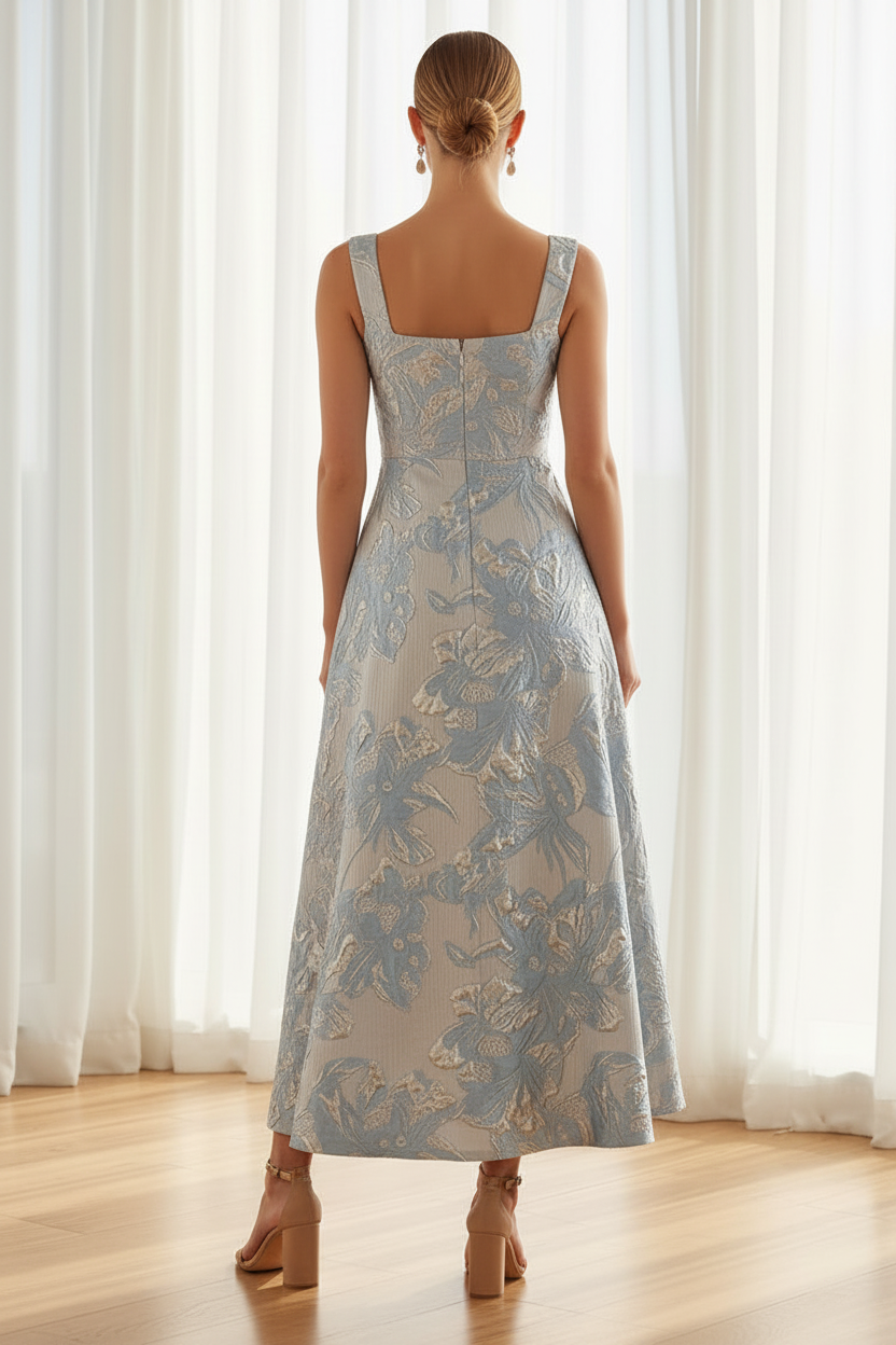 Square Neck Metallic Jacquard A-Line Midi Dress
