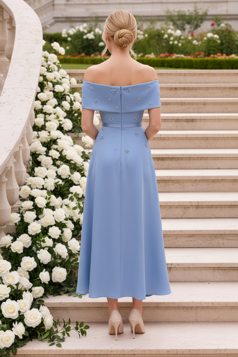 Off-the-Shoulder Pearl Asymmetrical Midi Dress
