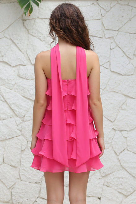 Tiered Ruffle Halter Mini Dress with Open Back