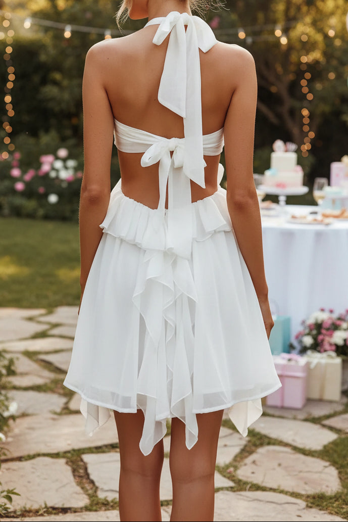 Ruffled Halter Mini Dress with Rosette Detail