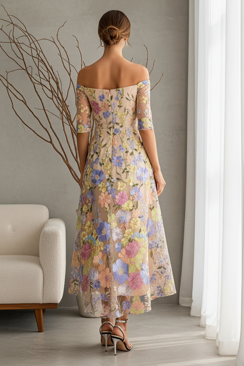 Floral Embroidered Off Shoulder A-Line Midi Dress