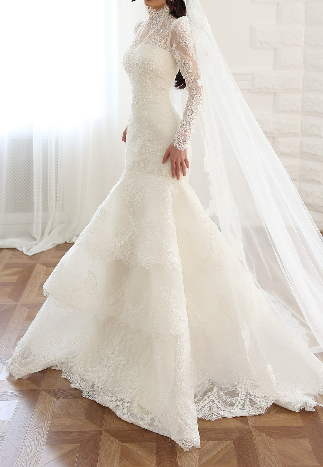 High Neck Lace Mermaid Wedding Dress with Tiered Skirt