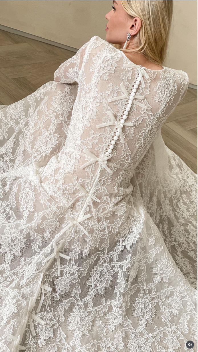 Lace Long Sleeve A-Line Wedding Dress with Bow Back