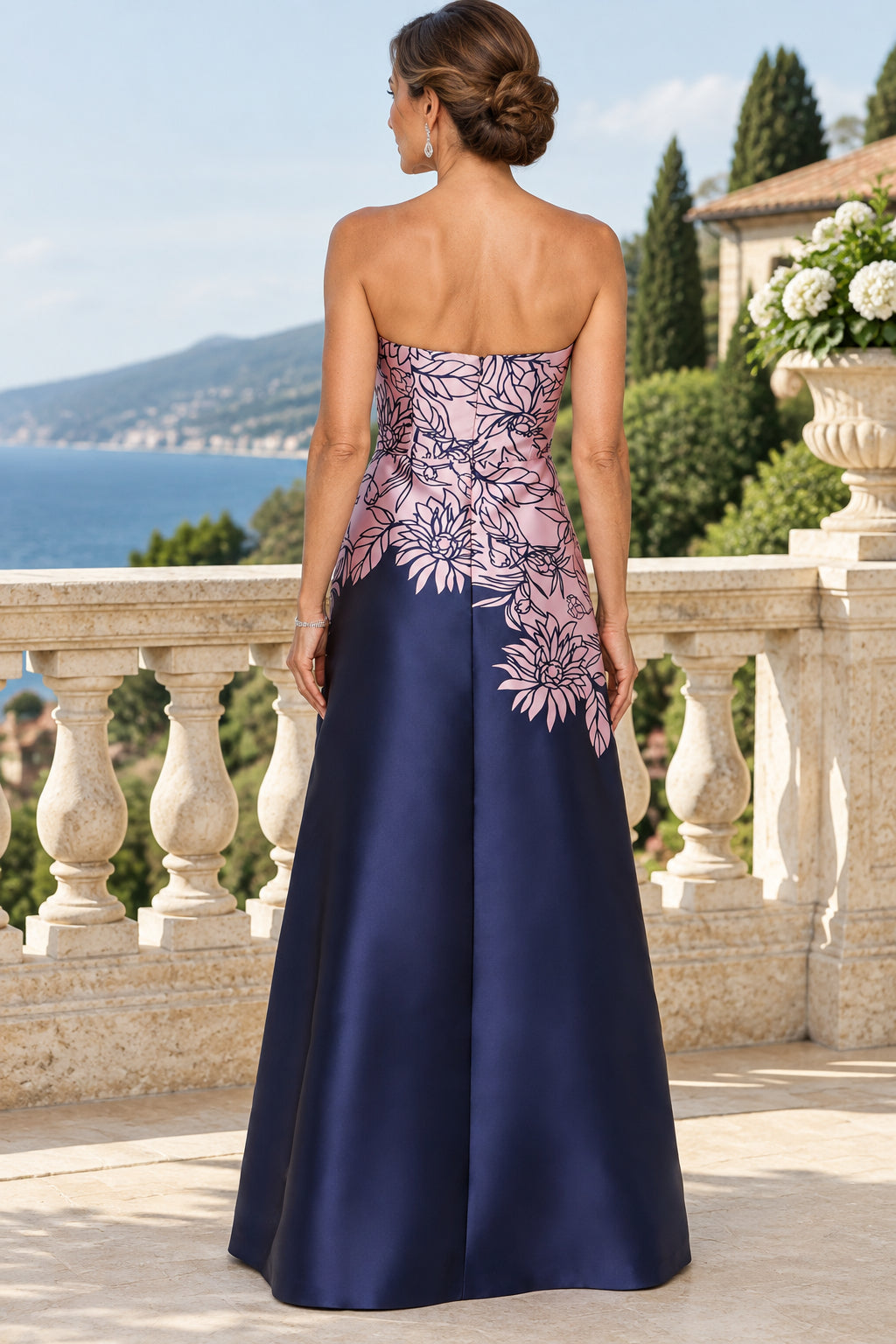 Strapless Floral Print A-Line Evening Gown