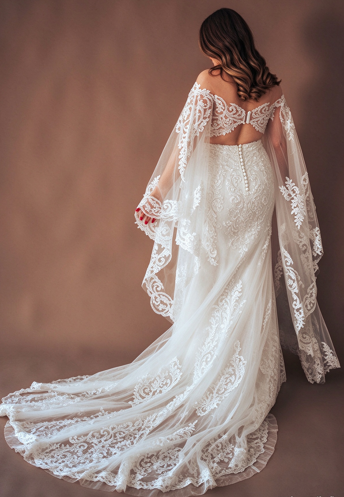 Lace Mermaid Wedding Dress with Long Cape Sleeves