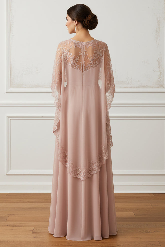Chiffon A-Line Gown with Lace Cape Sleeves