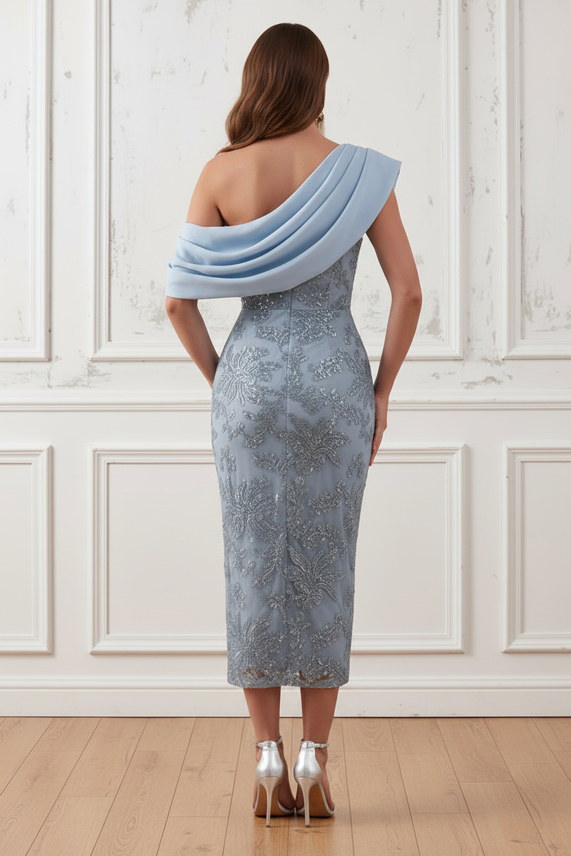 One-Shoulder Draped Sequin Midi Dress