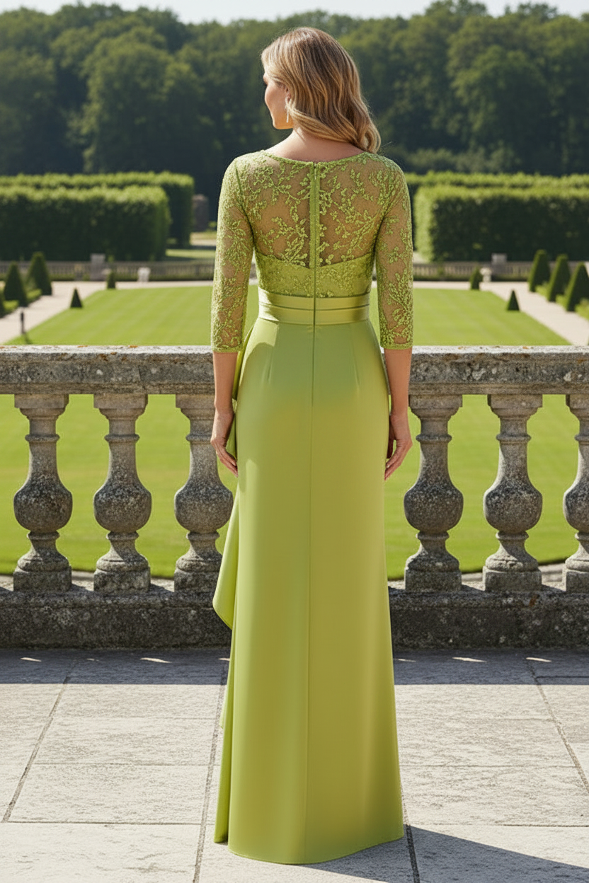 Illusion Neckline Satin Evening Gown with Ruffles