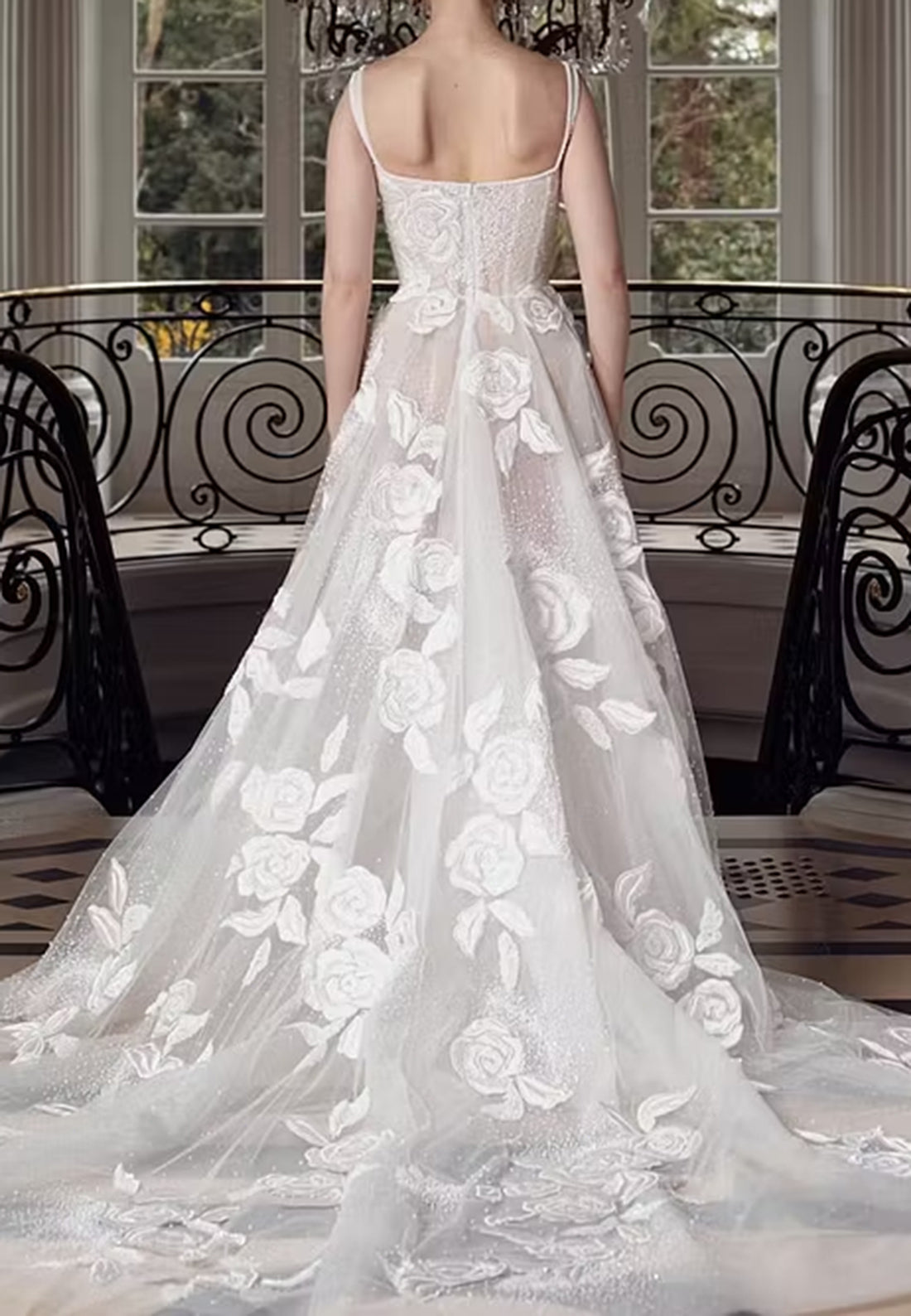 Square Neck Floral Applique Bridal Gown with Train