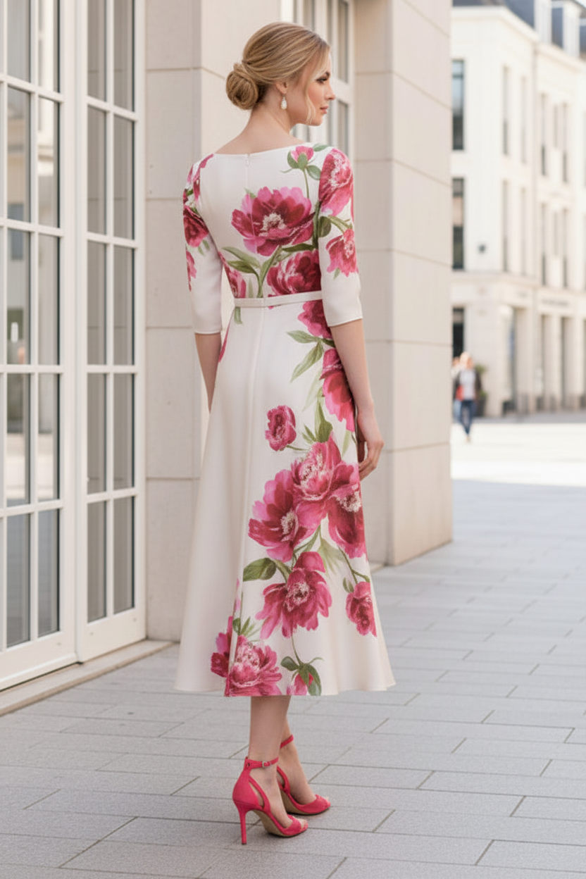 Bateau Neck Satin Midi Dress with Asymmetric Hem