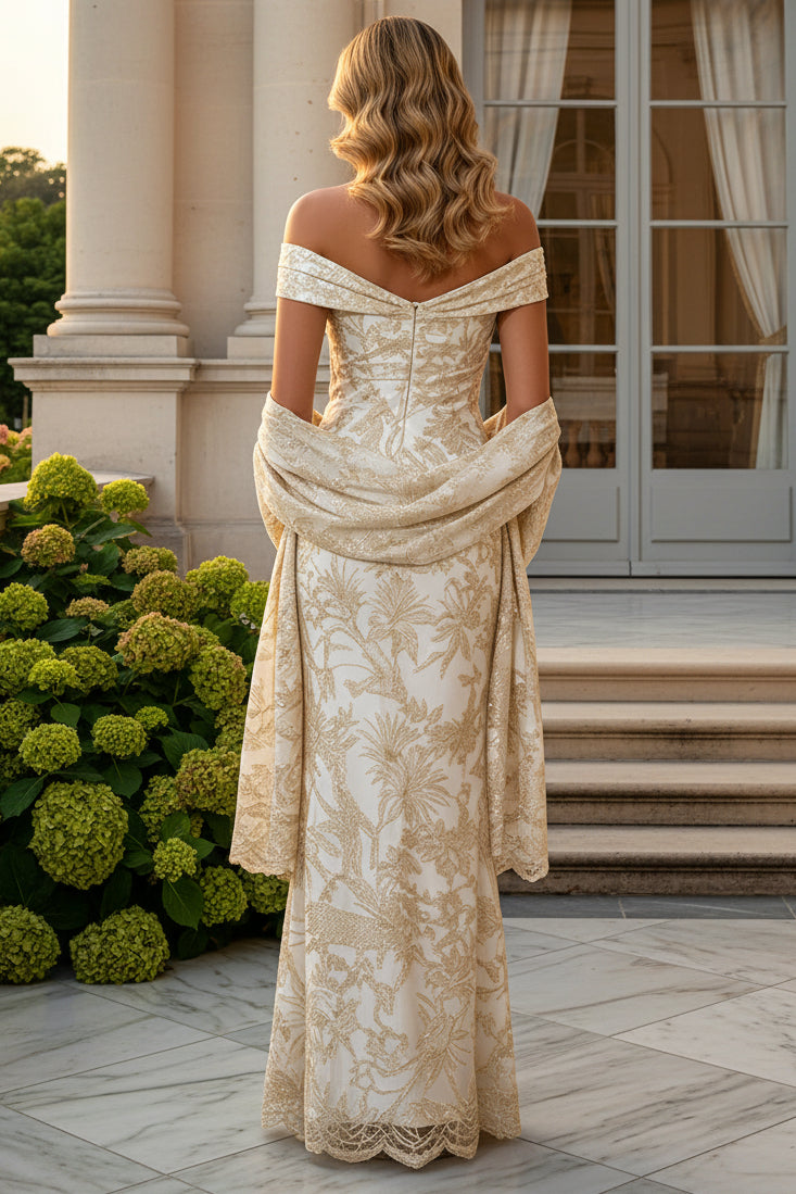 Off-the-Shoulder Jacquard Gown with Matching Shawl