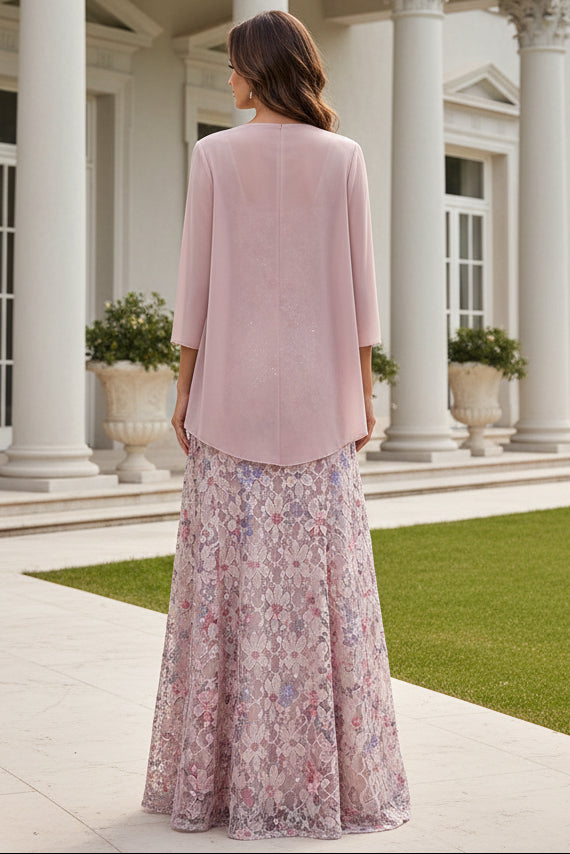 Floral Lace A-Line Gown with Chiffon Jacket Two-Piece Set