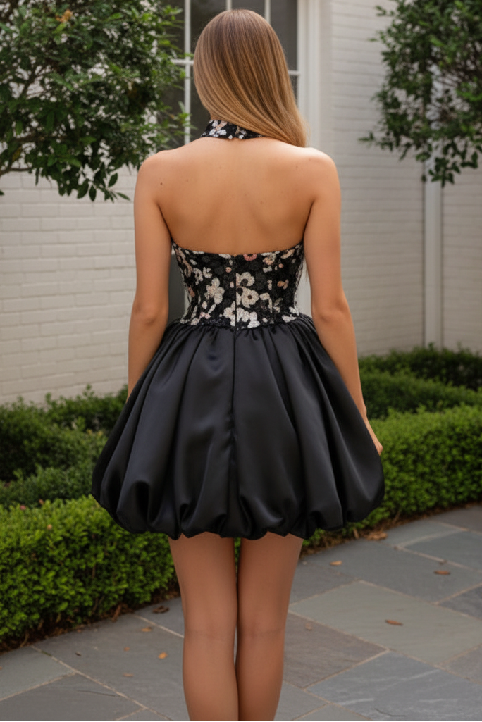 Embroidered High Neck Bubble Mini Dress