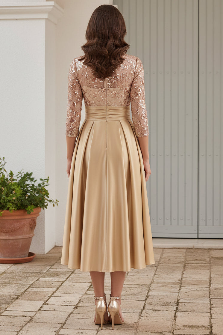Pleated A-Line Midi Dress with Sequin Bodice