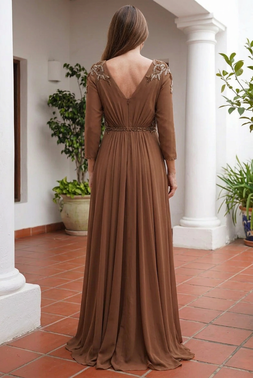 Pleated V-Neck Gown with Embellishments