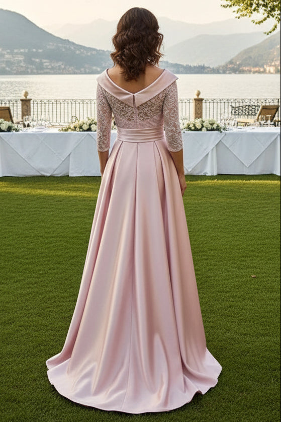 A-Line Lace and Satin Evening Gown with Pockets