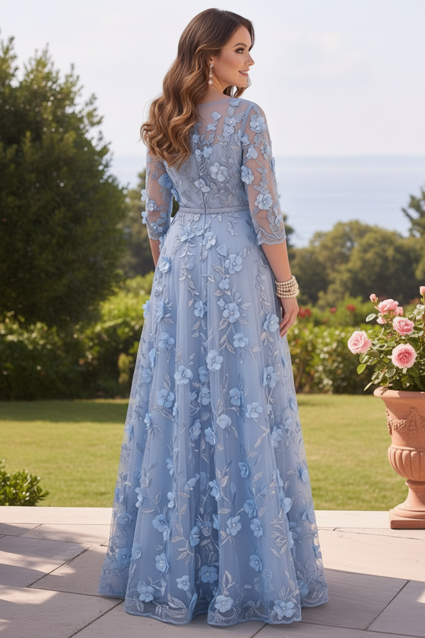 3D Floral Applique A-Line Evening Gown