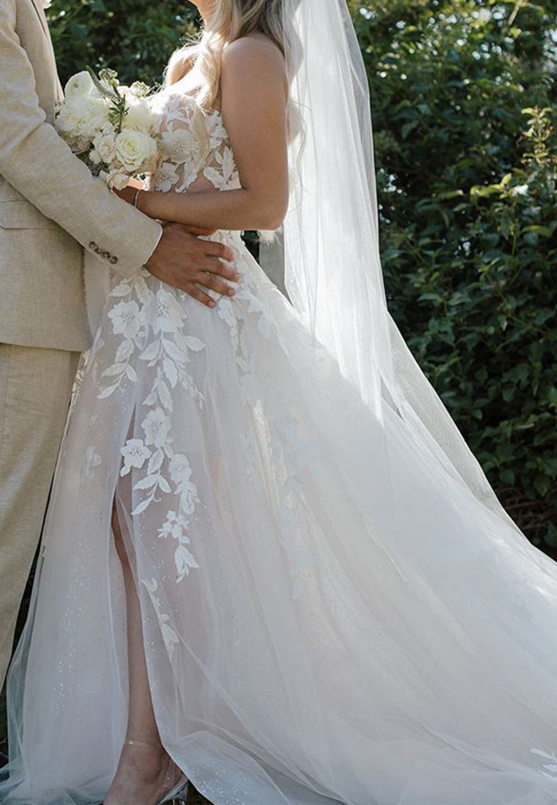 Strapless Floral Lace A-Line Wedding Dress with Slit