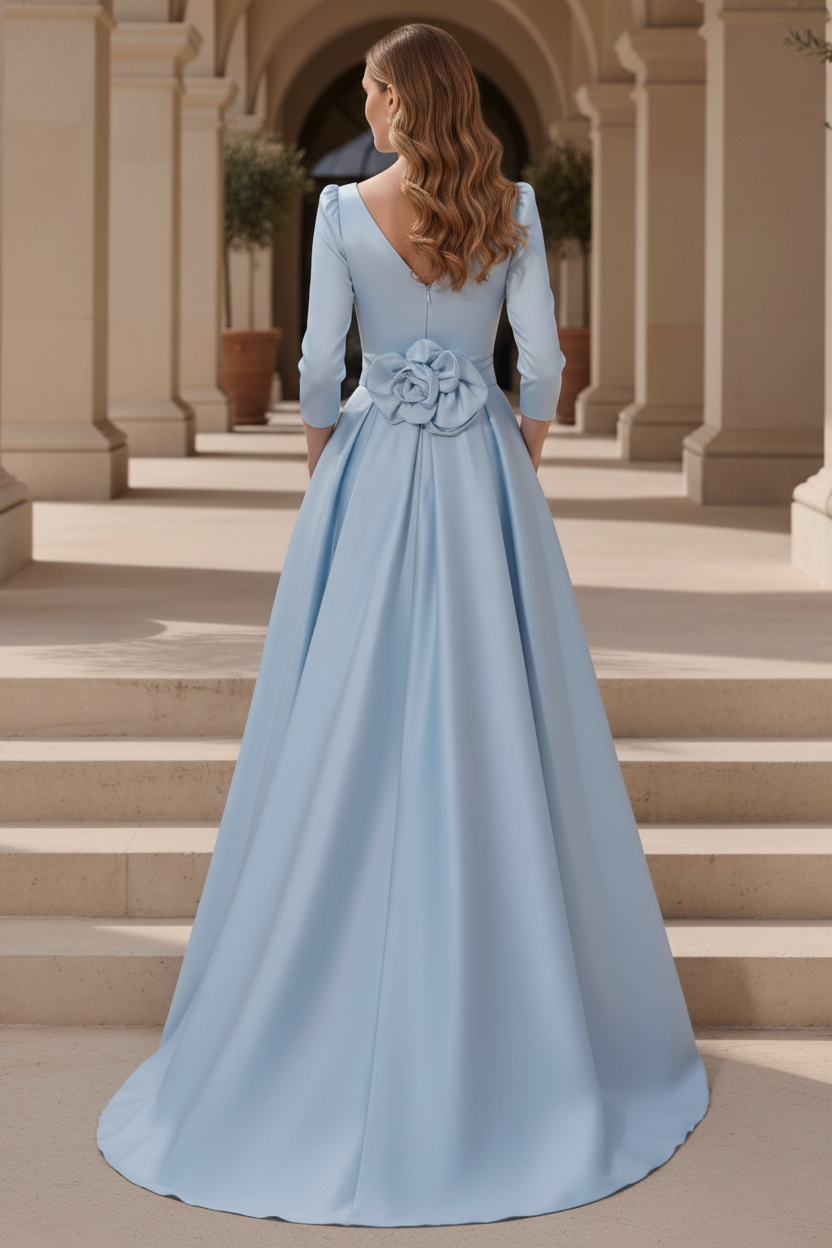 High-Low Satin Evening Gown with 3/4 Sleeves