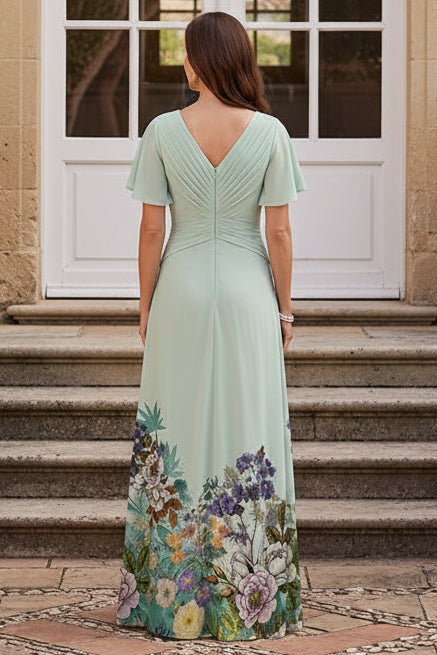 Pleated Flutter Sleeve Floral Hem Maxi Dress