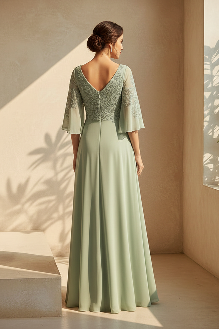 Embroidered A-Line Chiffon Gown with Flutter Sleeves