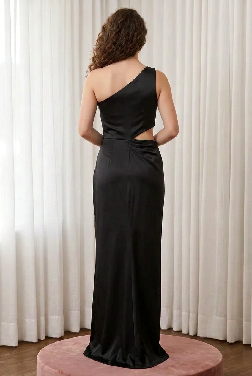 One-Shoulder Beaded Bodice Gown with Slit