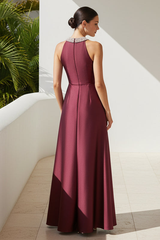Beaded Halter Neck A-Line Satin Evening Gown