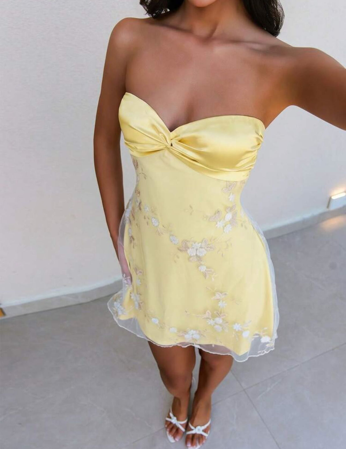 Strapless Floral Embroidered Tie-Back Mini Dress