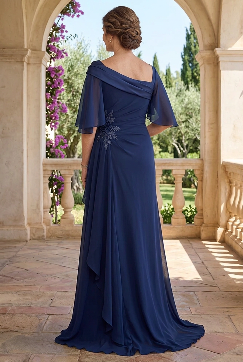 Flutter Sleeve Gown with Side Ruffle & Floral Applique